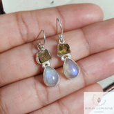 Raw Citrine Crystal Earring, Rainbow Moonstone Designer Dangle Earring, Birthstone Earrings, Handmade Jewelry, Minimalist Bridesmaid Jewelry